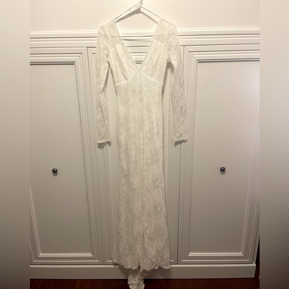 Longing for Romance White Lace Long sleeve Mermaid Maxi Dress